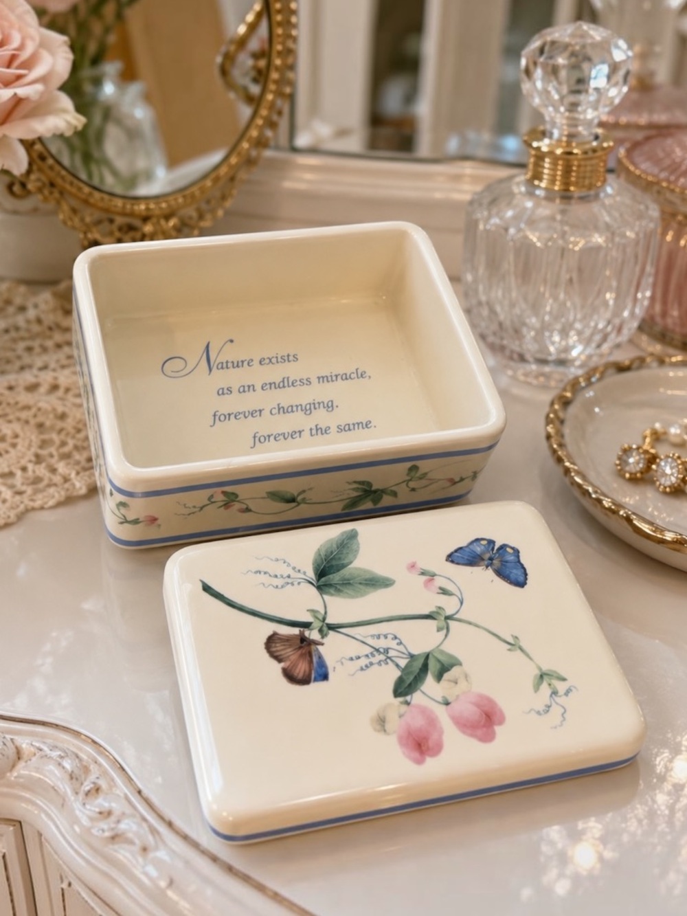 Hawthorne Manor Hallmark Floral Butterfly Trinket Box Keepsake Cottage Decor